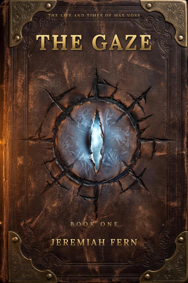 The Gaze book cover: a worn leather journal, a thorn-ringed eye scorched into it, cold light through the torn slit pupil