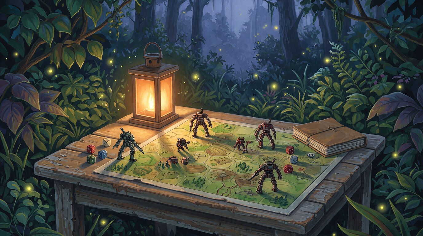 Painted scene of a tabletop wargame on a lantern-lit table in the night forest